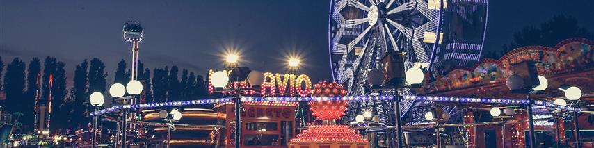 a fairground with a ferris wheel