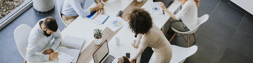 Image shows group of business men and women in a conference meeting dicussing facts and figures.